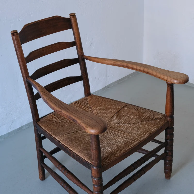 Rustic Bobbin Rush Seat Low Armchair, Netherlands 1940s