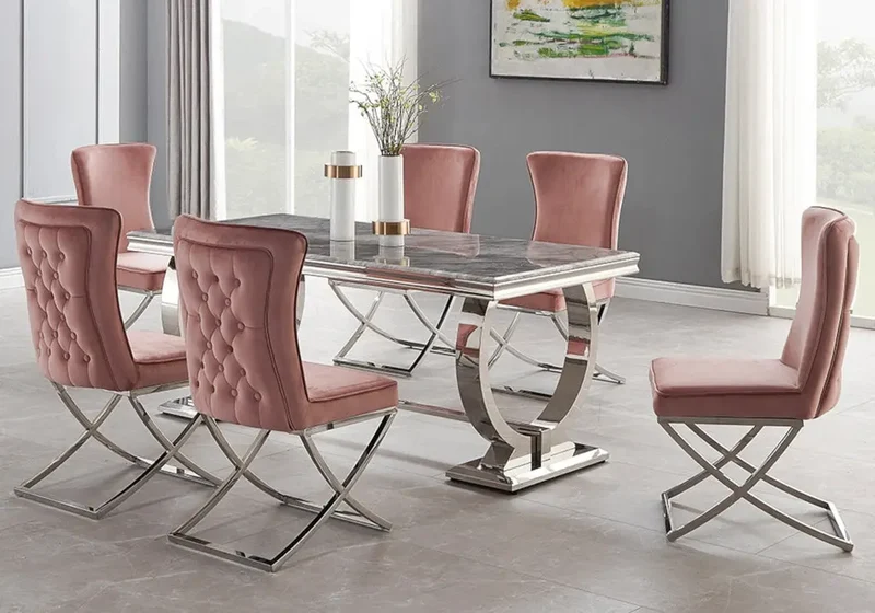 Chaise capitonnée pied croisé argent rose poudré - Enzo x2