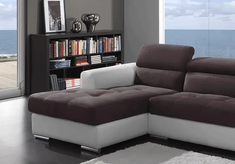 Canapé d'angle modulable cuir blanc tissu marron - Alexa