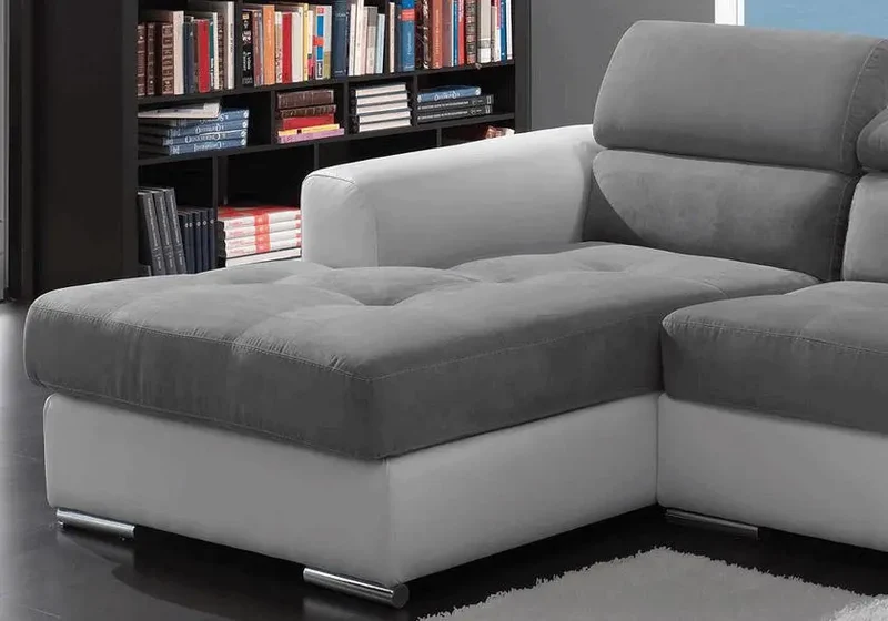 Canapé d'angle modulable cuir blanc tissu gris - Alexa