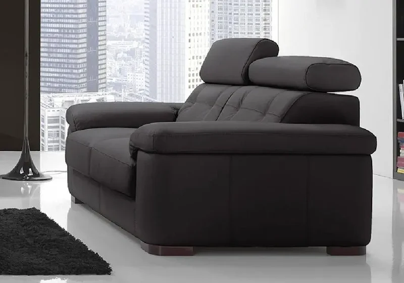 Canapé droit convertible cuir noir têtières - Aaron