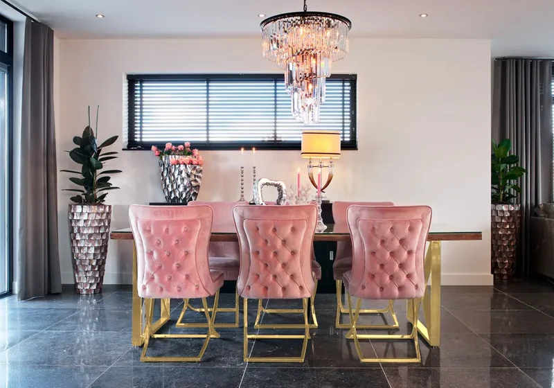 Chaise capitonnée pied croisé doré rose - Enzo x2