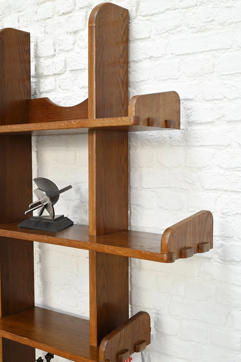 Brutalist Oak Asymmetrical Shelving Unit or Bookcase, The Netherlands, 1970s