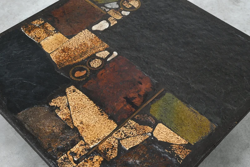 Paul Kingma Slate, Stone, and Brass Inlaid Coffee Table, 1970's