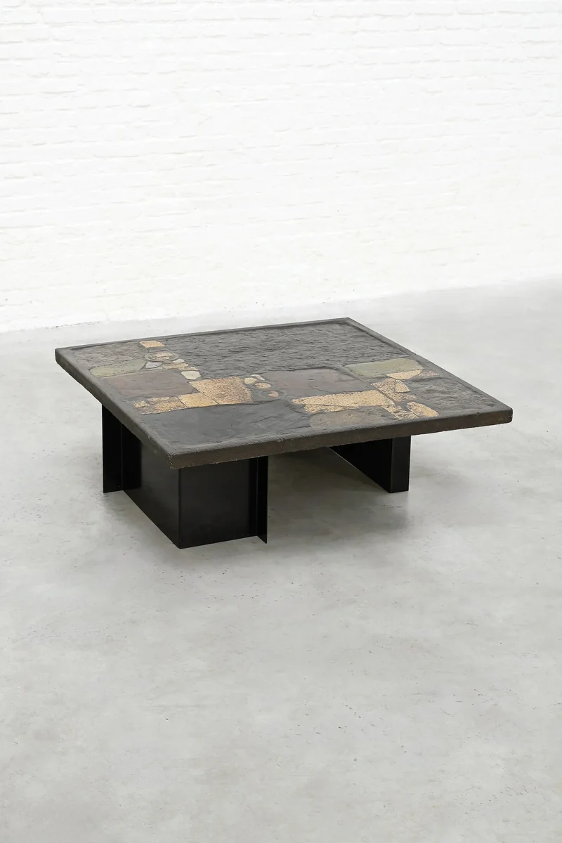Paul Kingma Slate, Stone, and Brass Inlaid Coffee Table, 1970's