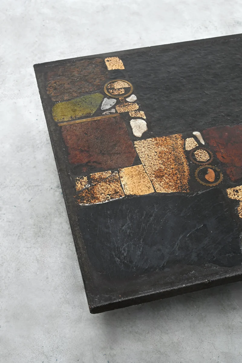 Paul Kingma Slate, Stone, and Brass Inlaid Coffee Table, 1970's