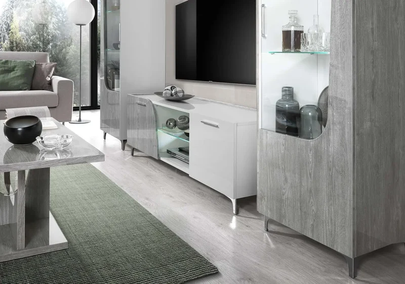 Mur TV chêne gris laqué led LIPARI