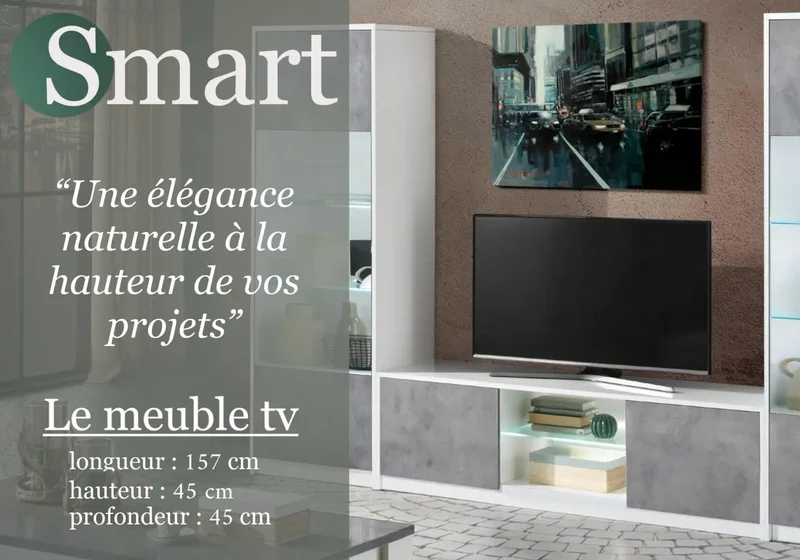 Mur tv laqué blanc gris led SMART