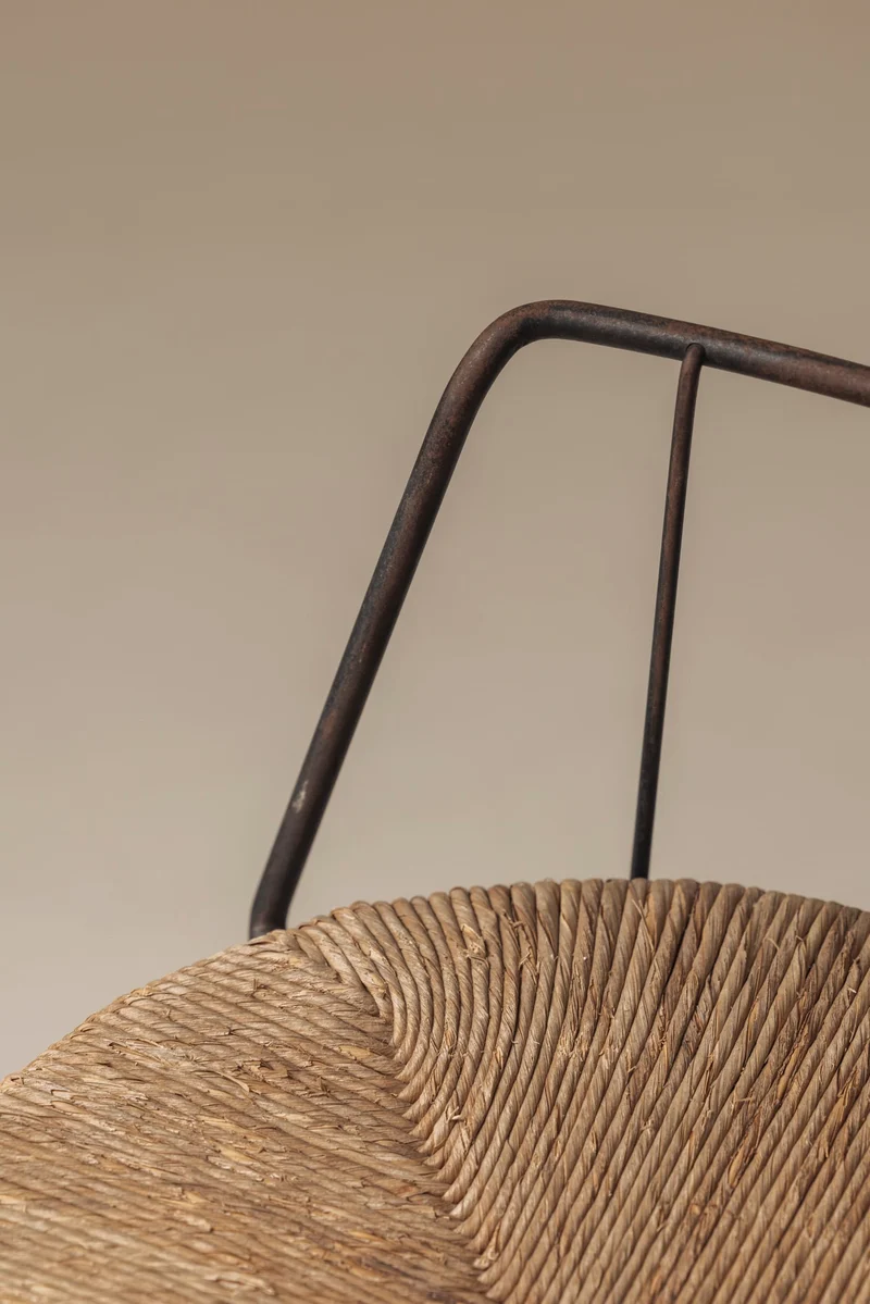 Rare French tripod stool in metal and rush, dating from the 1950s