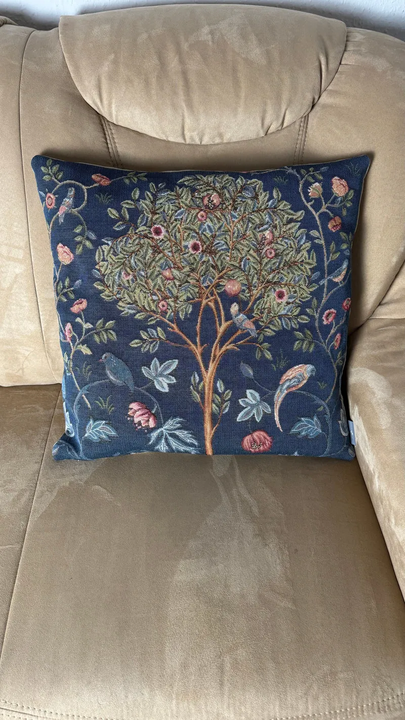 Coussin Bleu – Arbre avec Oiseaux (Tissage Jacquard)