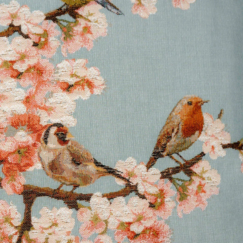 Coussin Bleu – Oiseaux et Fleurs de Cerisier (Tissage Jacquard)