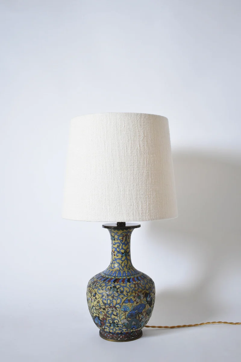 Vintage Pair of Yellow Background Cloisonnés, XIXth c Copper Table Lamp