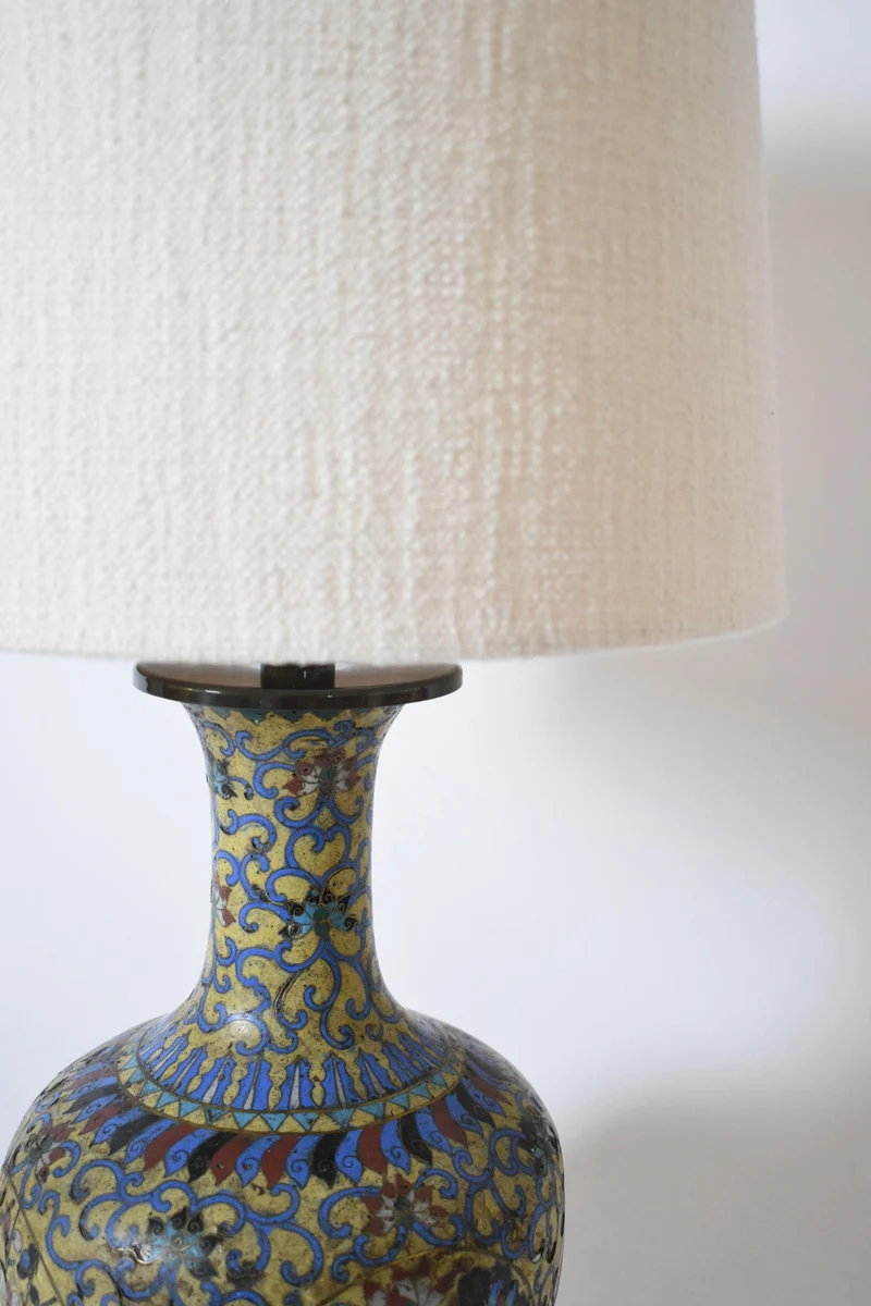 Vintage Pair of Yellow Background Cloisonnés, XIXth c Copper Table Lamp
