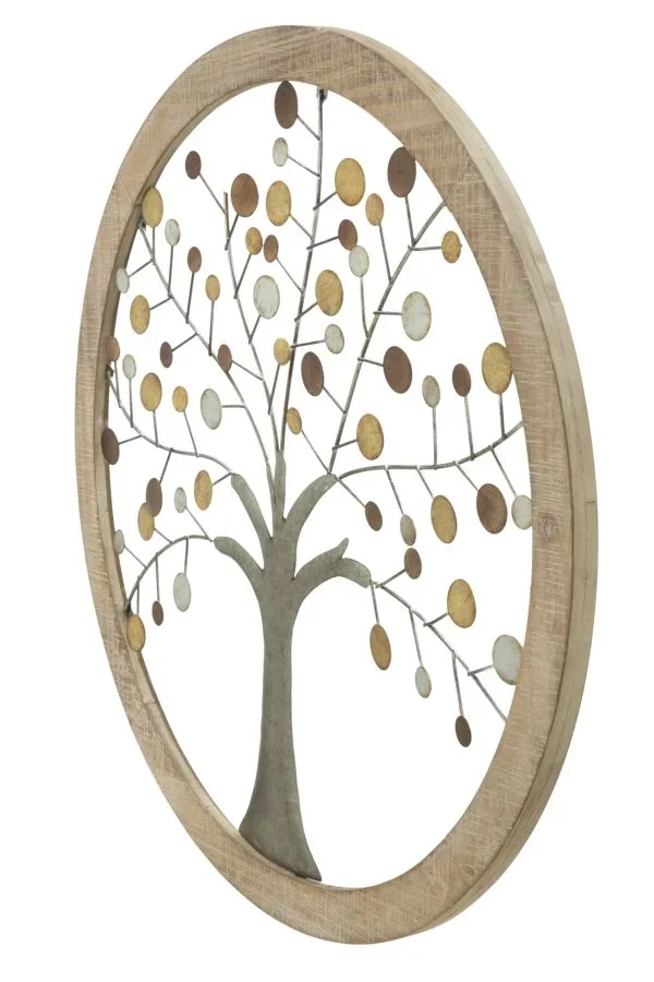 Décoration murale en forme d'arbre métallique (dans un cadre rond en bois)