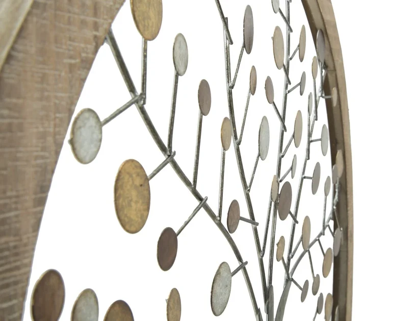 Décoration murale en forme d'arbre métallique (dans un cadre rond en bois)