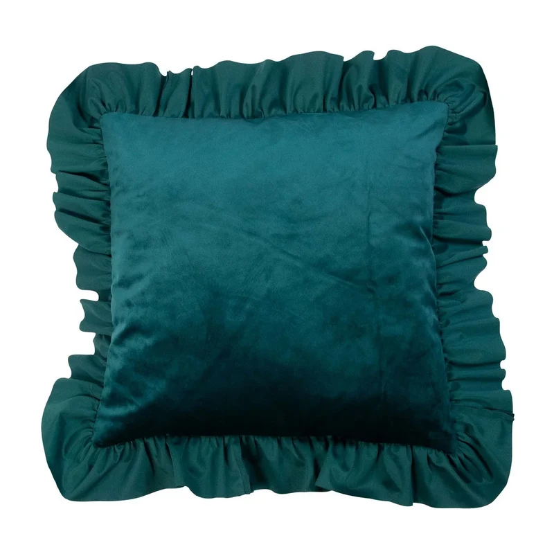 Coussin en Velours Vert Pétrole avec Volants Élégants