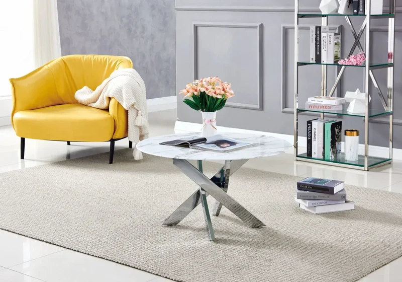 Table basse ronde argentée marbre blanc - Joy