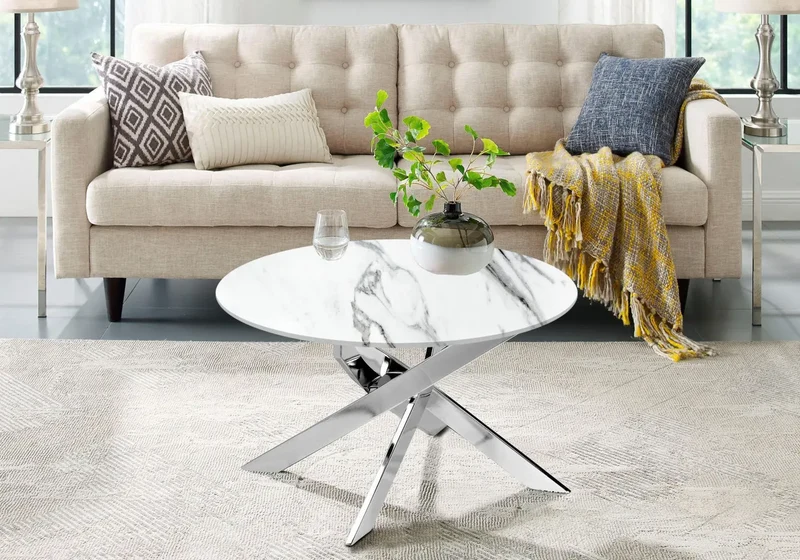 Table basse ronde argentée marbre blanc - Joy