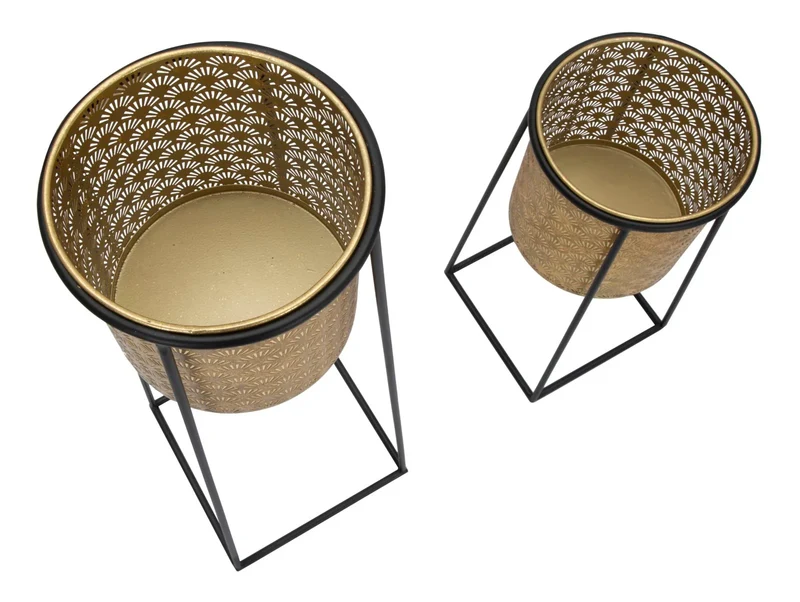 Ensemble de 2 jardinières dorées avec support en métal noir
