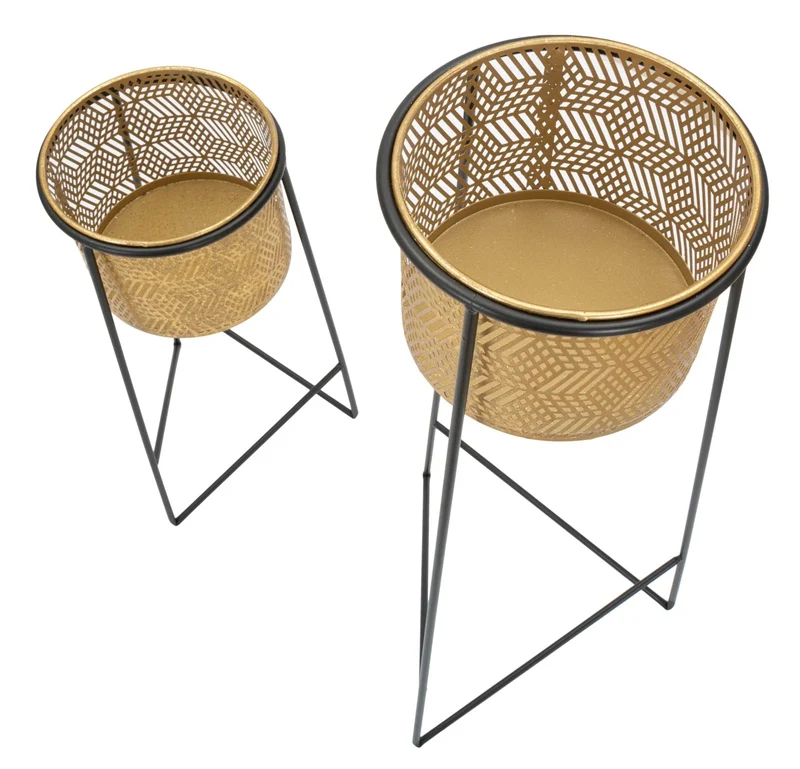 Ensemble de 2 pots de fleurs en métal doré avec support noir