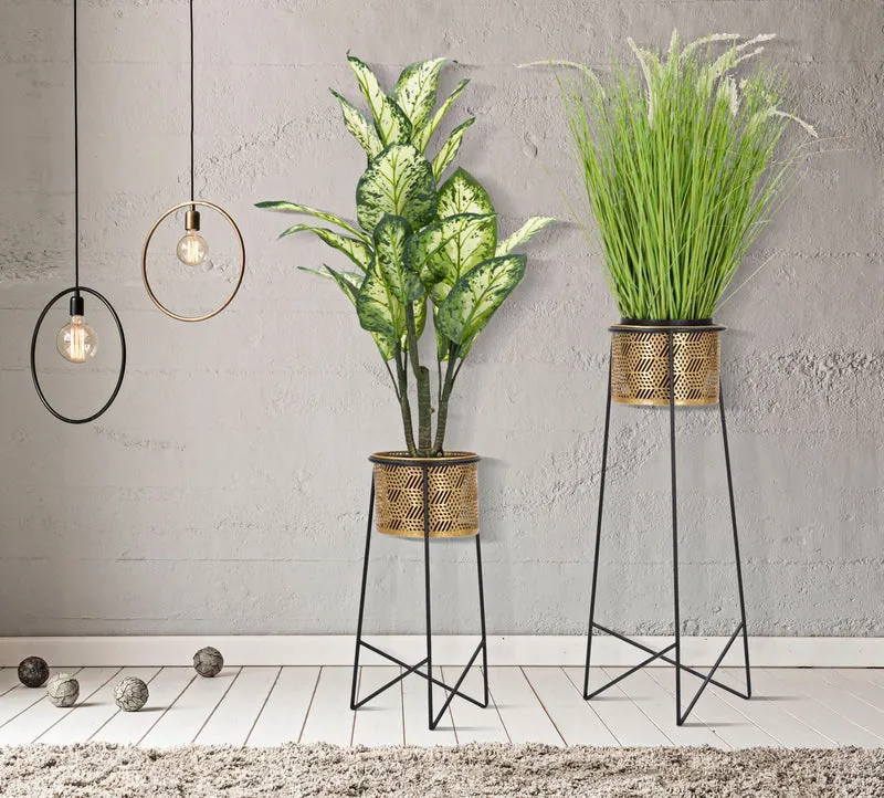 Ensemble de 2 pots de fleurs en métal doré avec support noir