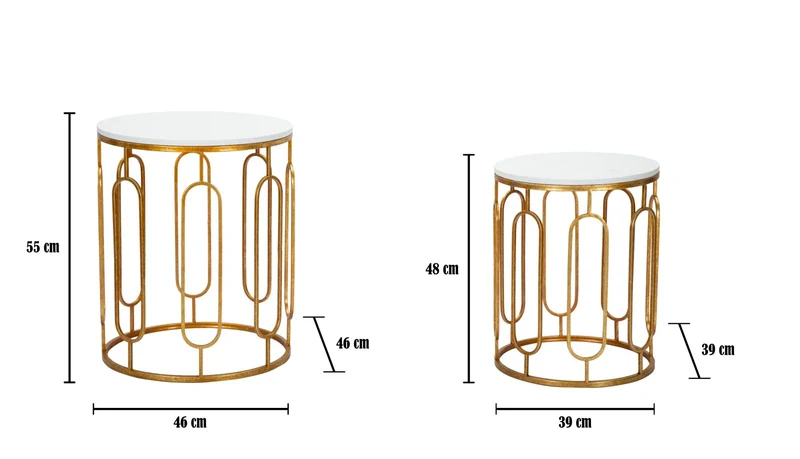 Ensemble de 2 tables d’appoint rondes en métal doré avec plateau en marbre