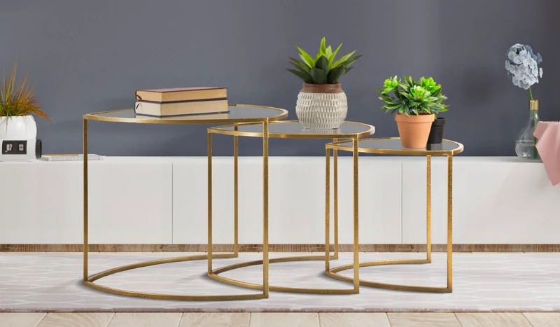 Ensemble de 3 tables basses gigognes avec plateau triangulaire – Style moderne