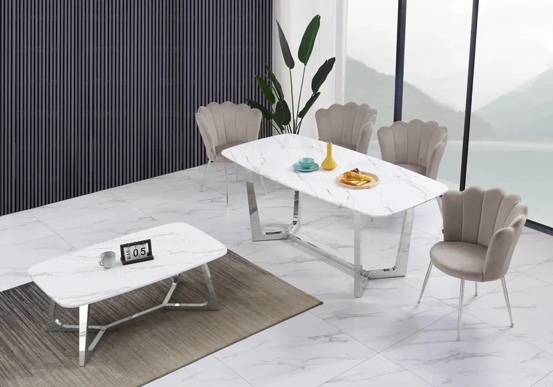 Chaise de table coquillage velours taupe pieds argent - Nymea x2