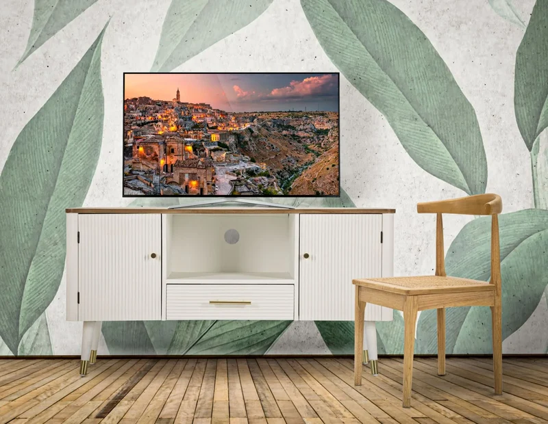Meuble TV en bois blanc avec plateau marron