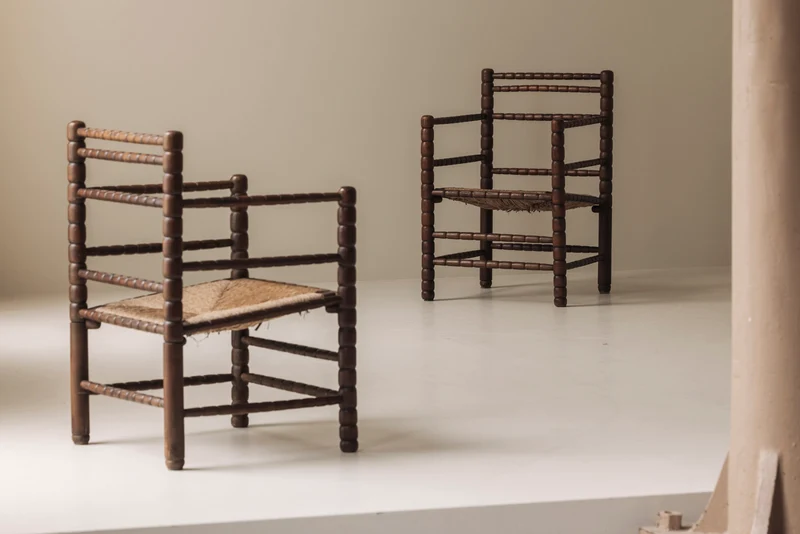 Sculptural French 'Bobbin' armchairs, 1950s