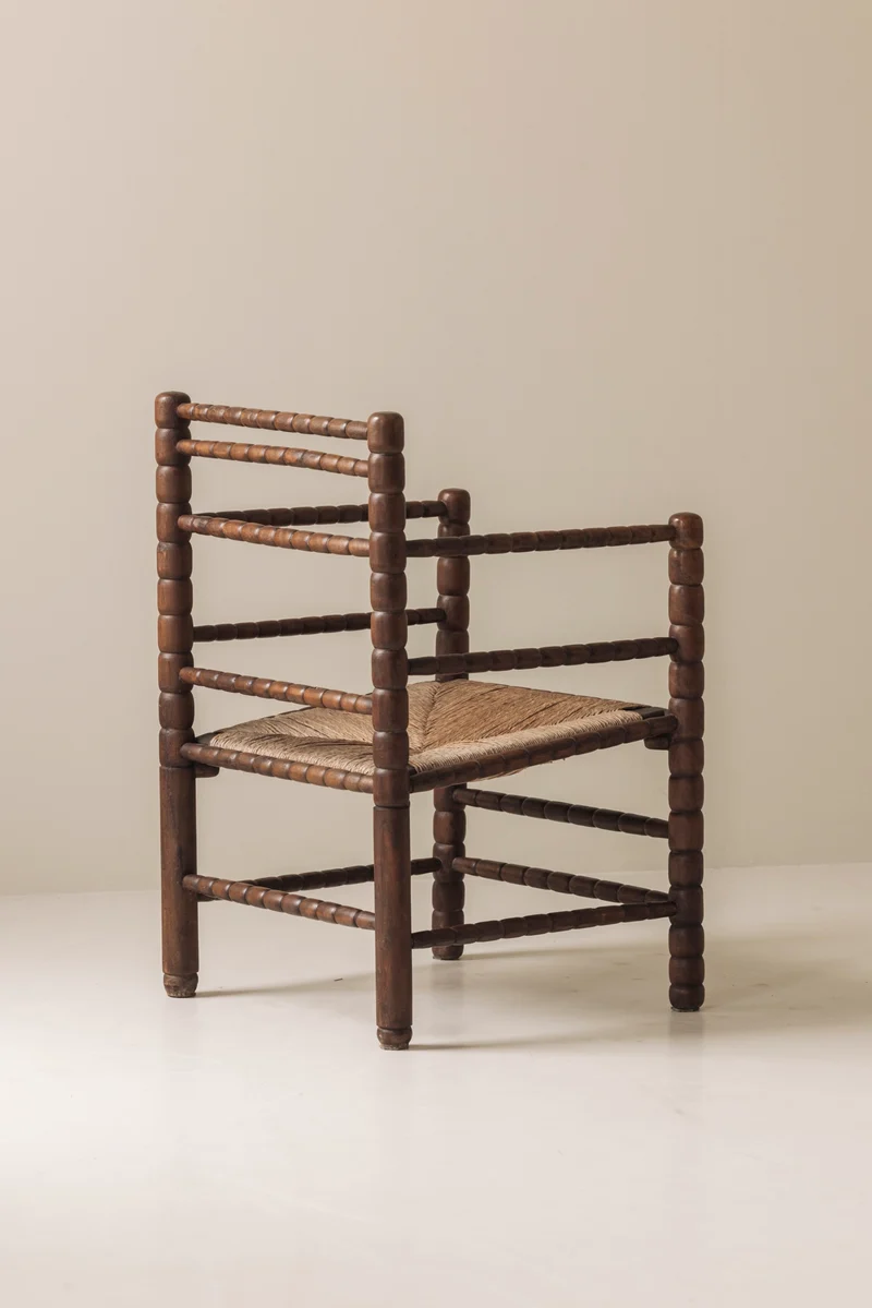 Sculptural French 'Bobbin' armchairs, 1950s