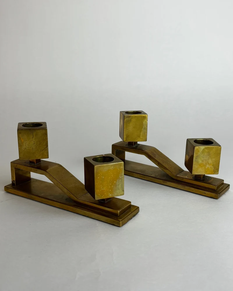 Pair of Solid Brass Geometric Candelabra