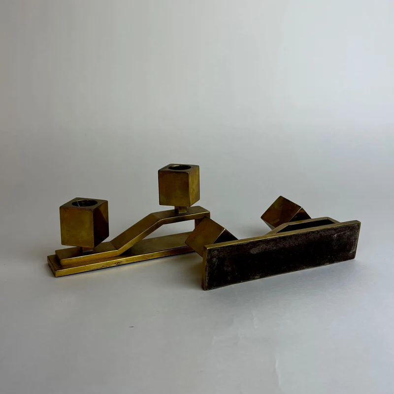 Pair of Solid Brass Geometric Candelabra