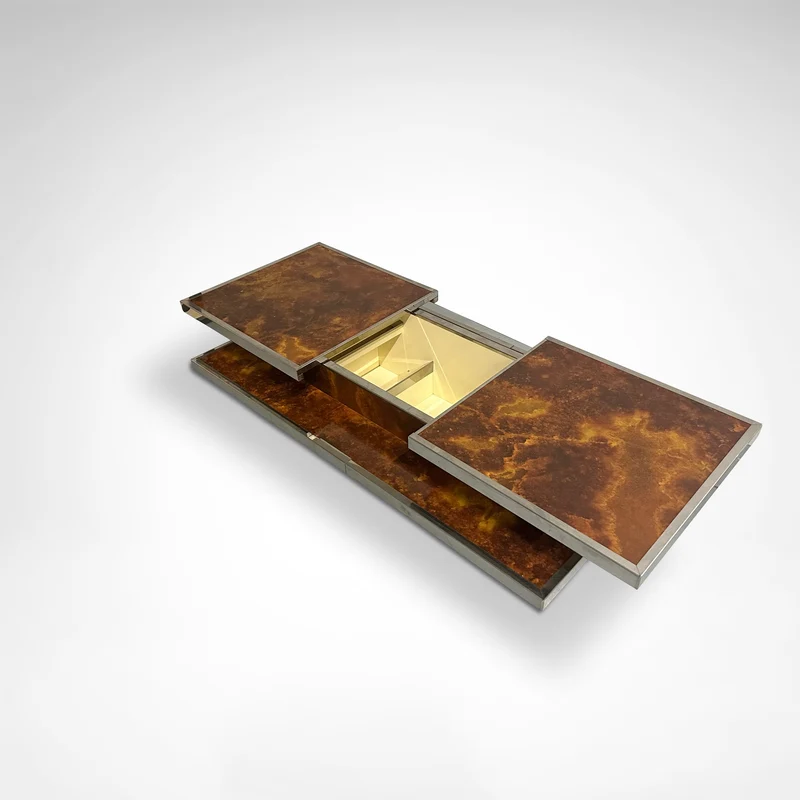 Sliding two tier burl wood and metal coffee table with integrated bar France 1980s