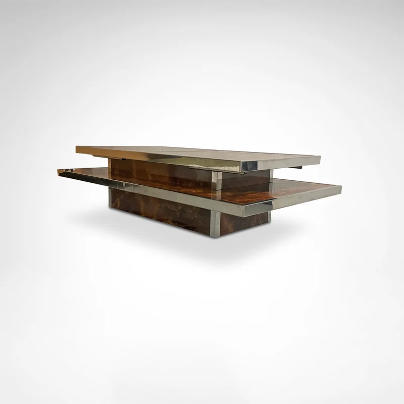 Sliding two tier burl wood and metal coffee table with integrated bar France 1980s