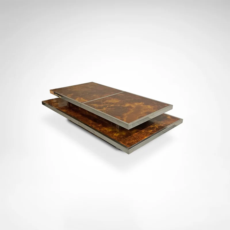 Sliding two tier burl wood and metal coffee table with integrated bar France 1980s