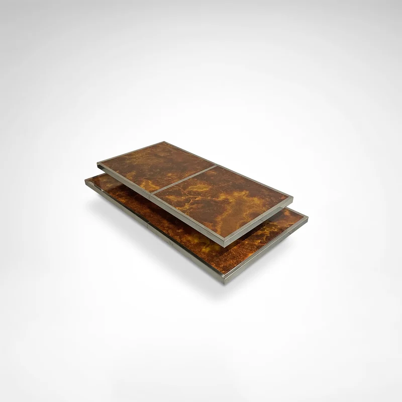 Sliding two tier burl wood and metal coffee table with integrated bar France 1980s