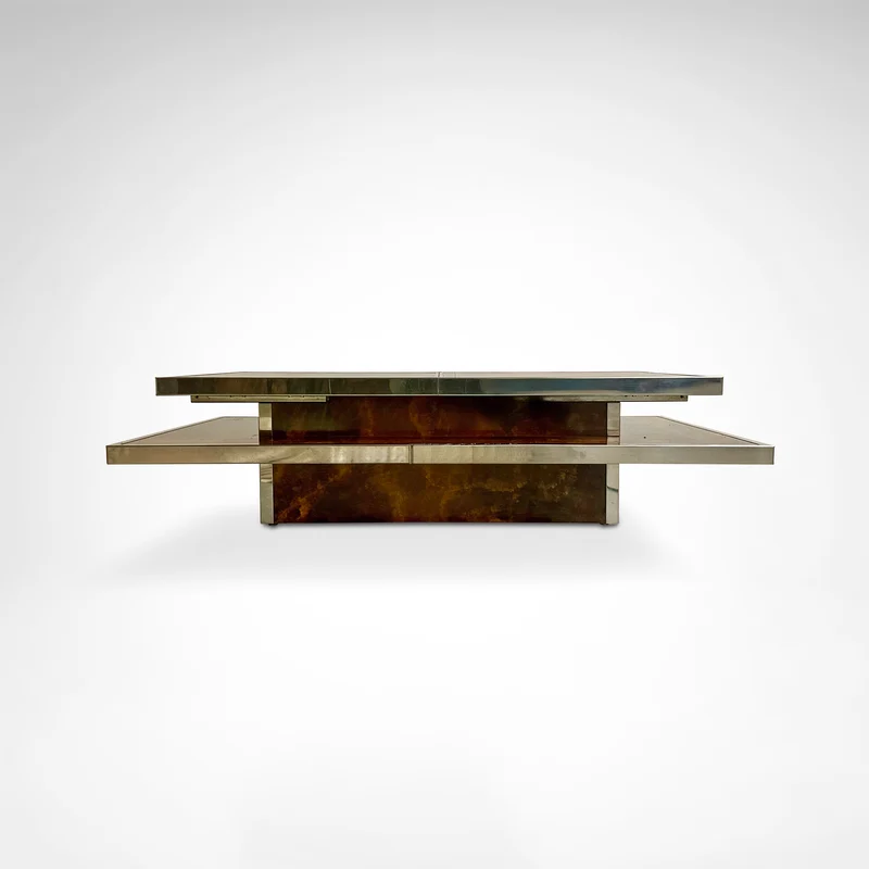 Sliding two tier burl wood and metal coffee table with integrated bar France 1980s