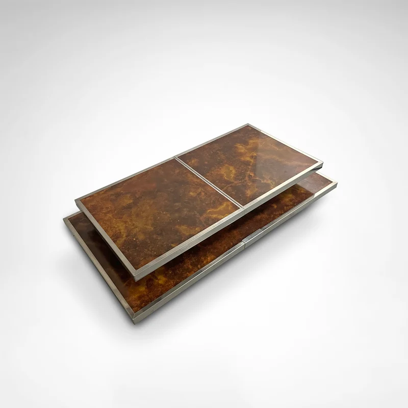 Sliding two tier burl wood and metal coffee table with integrated bar France 1980s