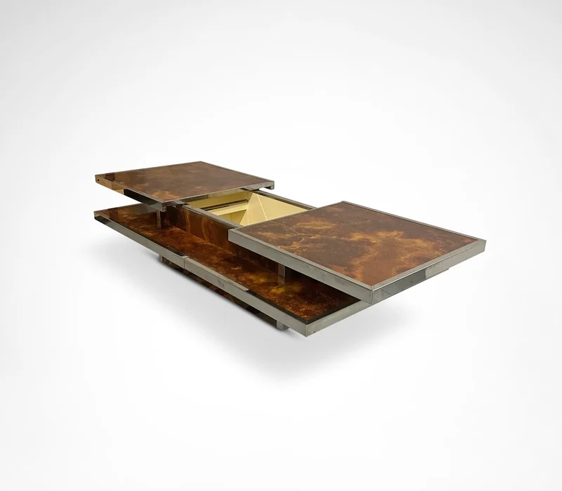 Sliding two tier burl wood and metal coffee table with integrated bar France 1980s