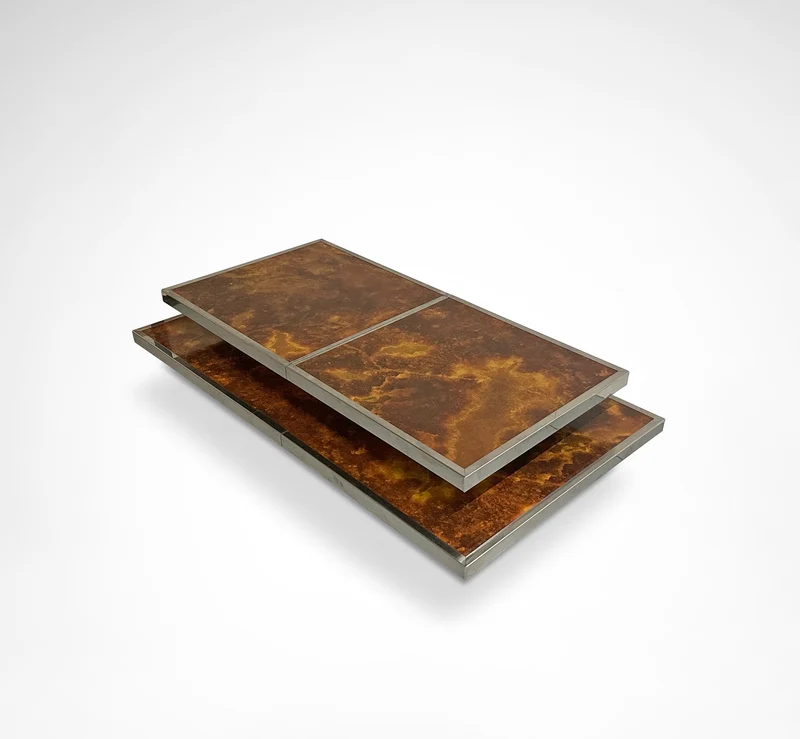 Sliding two tier burl wood and metal coffee table with integrated bar France 1980s
