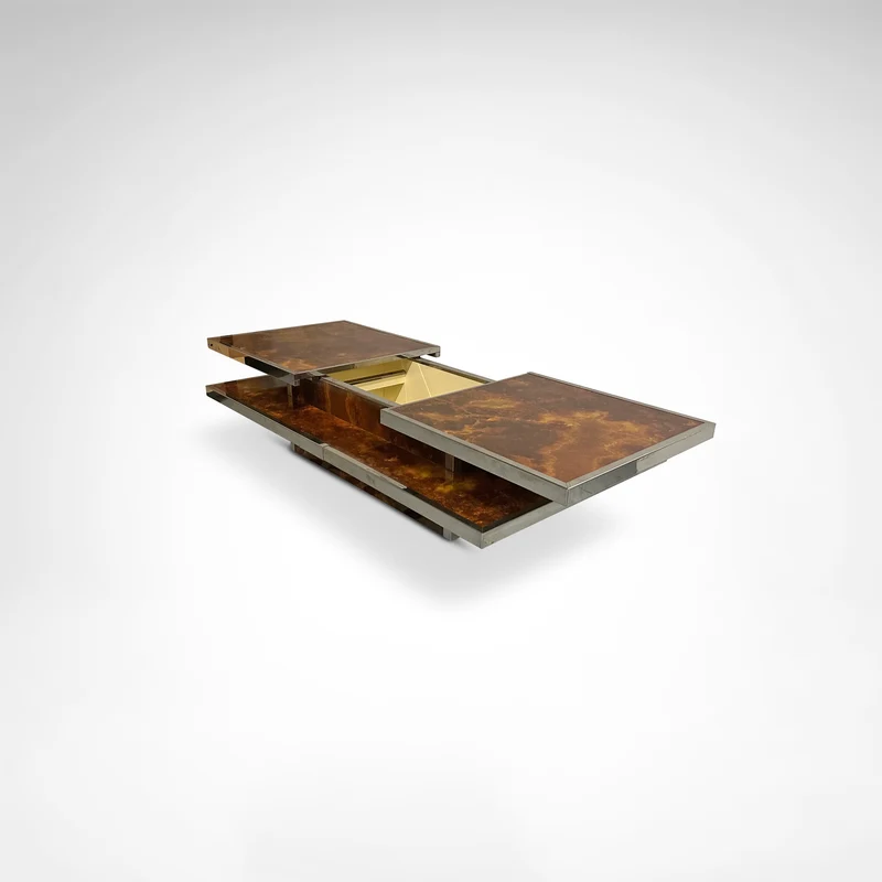 Sliding two tier burl wood and metal coffee table with integrated bar France 1980s