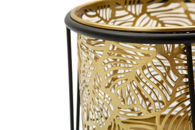 Pots de fleurs en métal doré motif feuilles avec supports