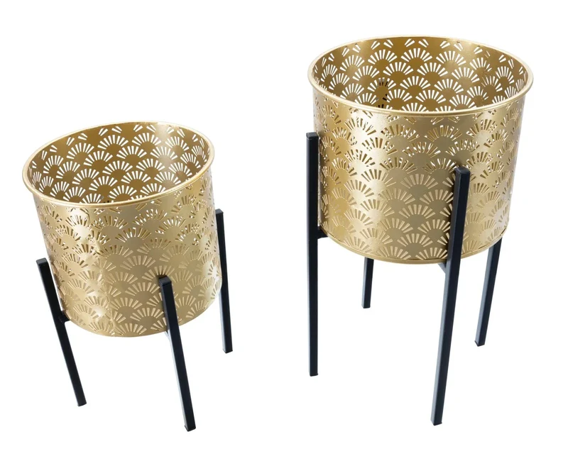 Pots de fleurs en métal doré motif feuilles avec supports