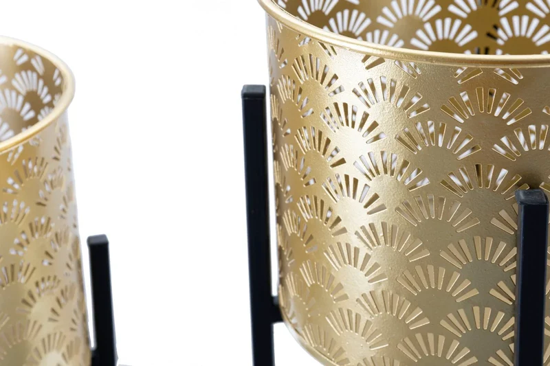 Pots de fleurs en métal doré motif feuilles avec supports