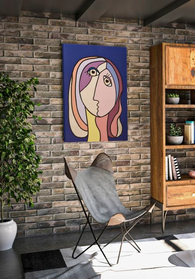 Peinture sur toile abstraite et colorée avec visage Boho