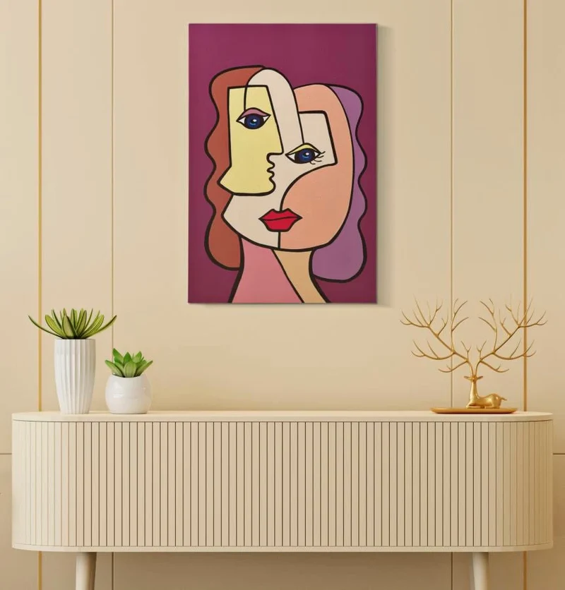 Peinture sur toile abstraite et colorée avec visage Boho