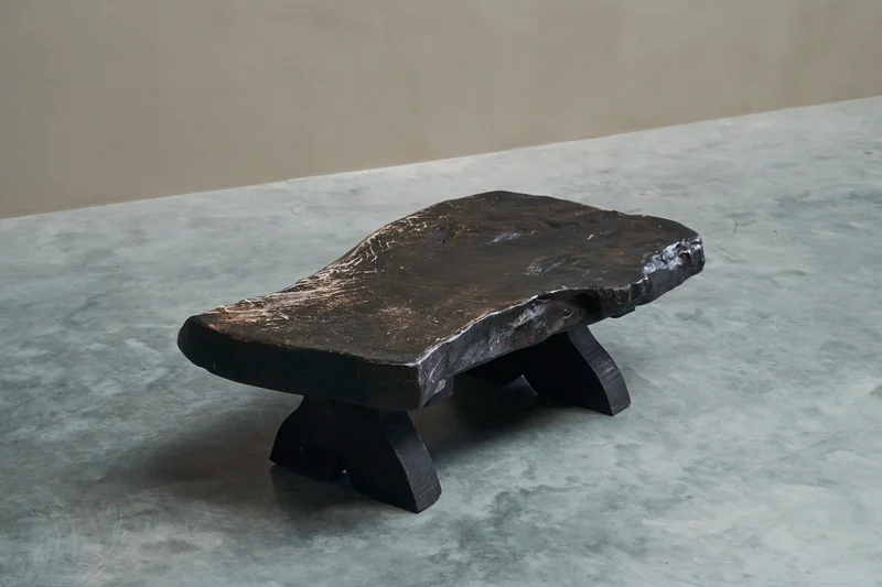 Sculptural Live Edge Coffee Table in Solid Dark Stained Wood