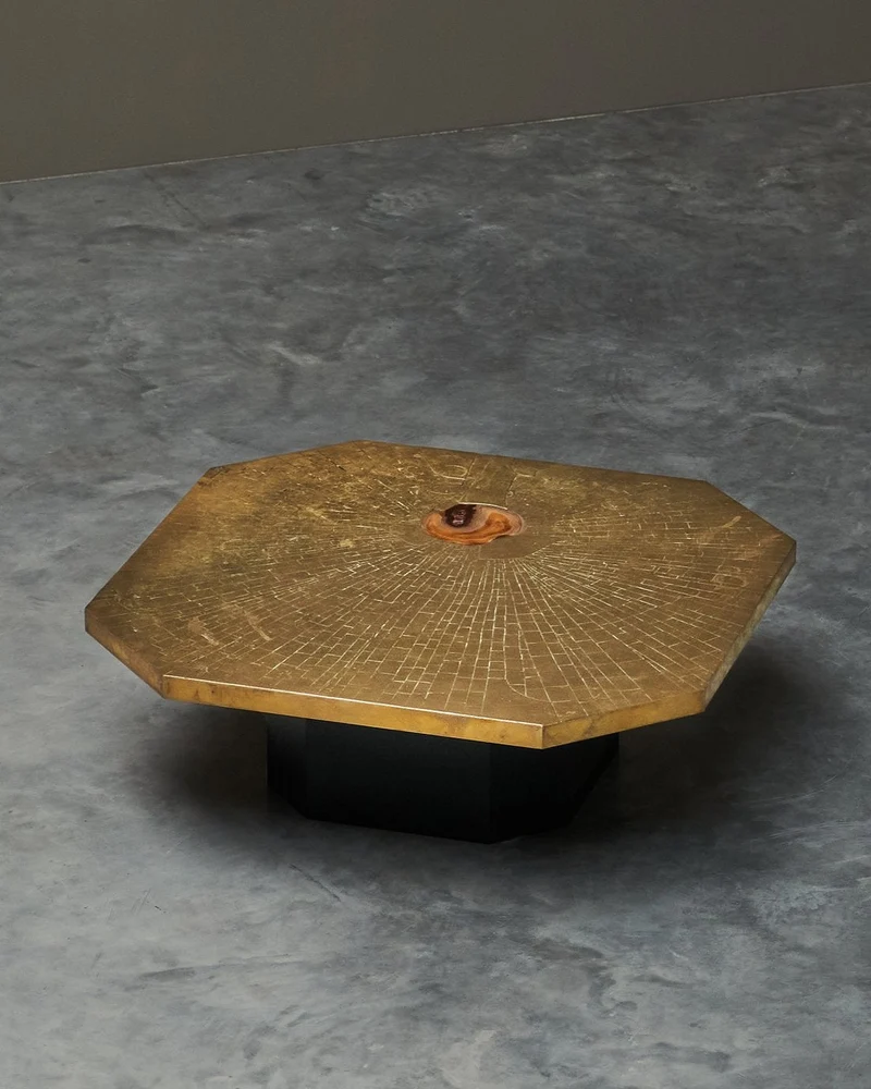 Christian Krekels Art Coffee Table in Inlaid Brass and Agate 1989