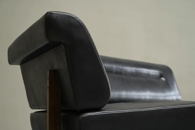 Martin Visser One-Off Boomerang Sofa in Solid Wengé and Black Leather